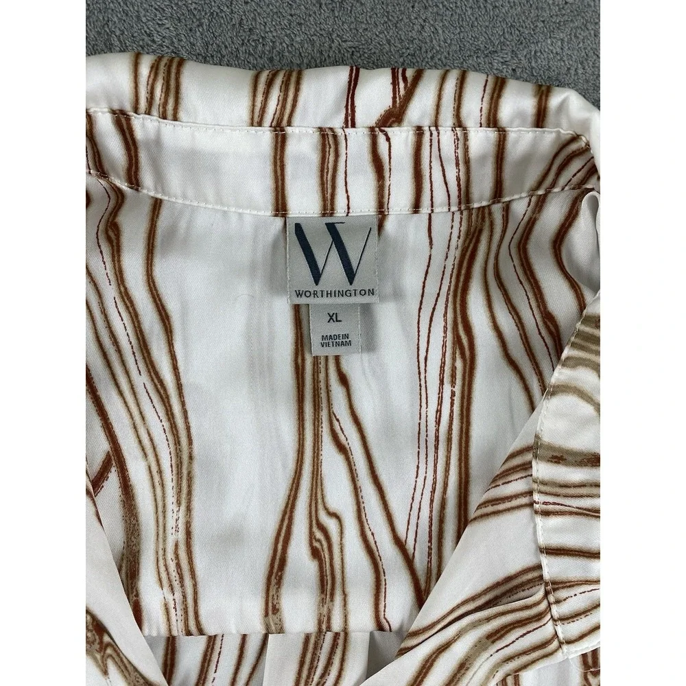 Worthington Women's Blouse XL Ivory Brown Button Up Casual C16
